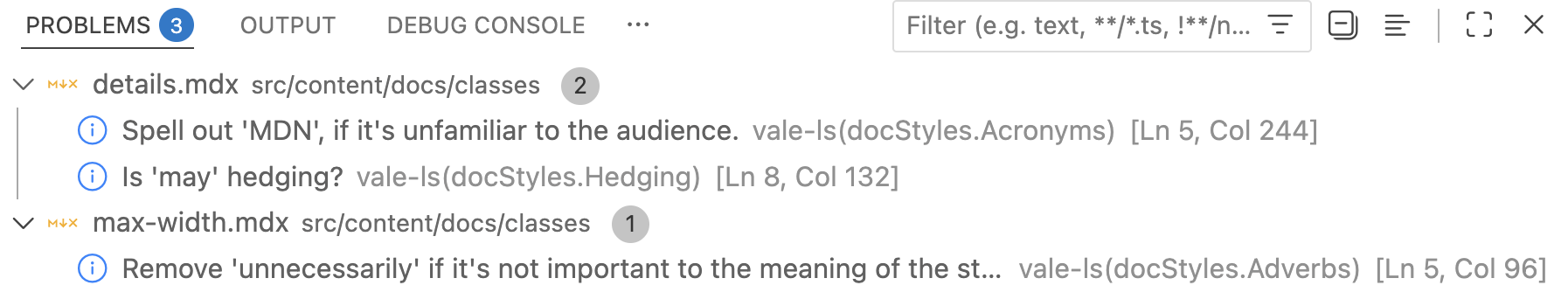 Example of Vale errors in the VS Code Problems panel